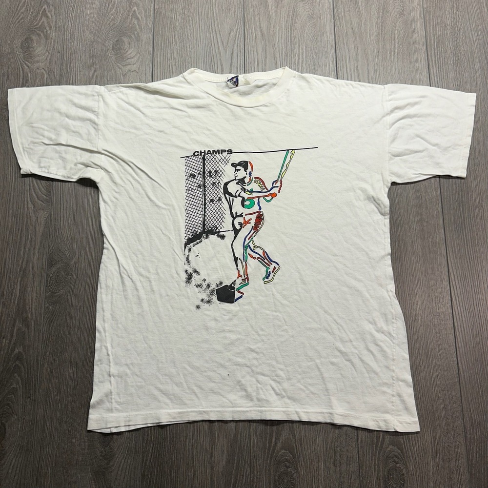 Vintage Champs Zone Baseball Graphic T-Shirt White Large Single Stitch 90s Mens